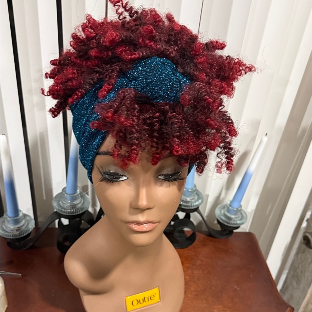 Red Curly Wig with Blue Turban attached